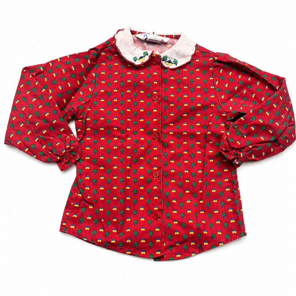 Vintage 80s OshKosh B’Gosh Girls Size 5 Red House Tree Print Blouse USA